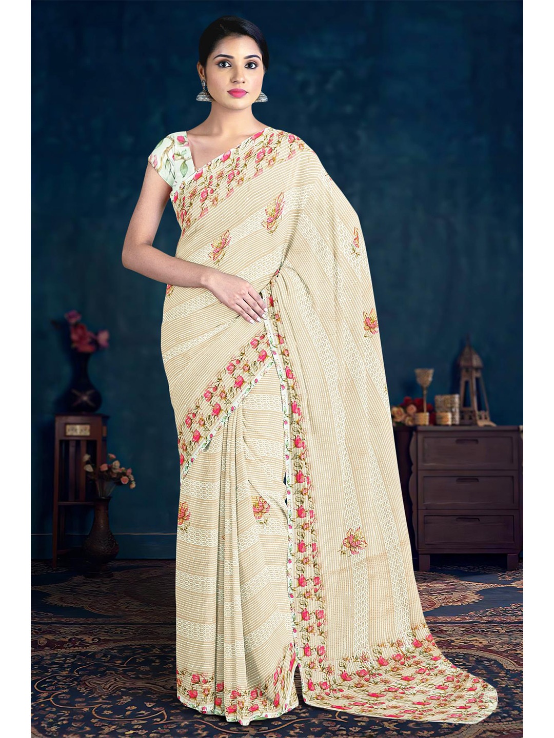 

Kalamandir Striped Floral Printed Saree, Peach