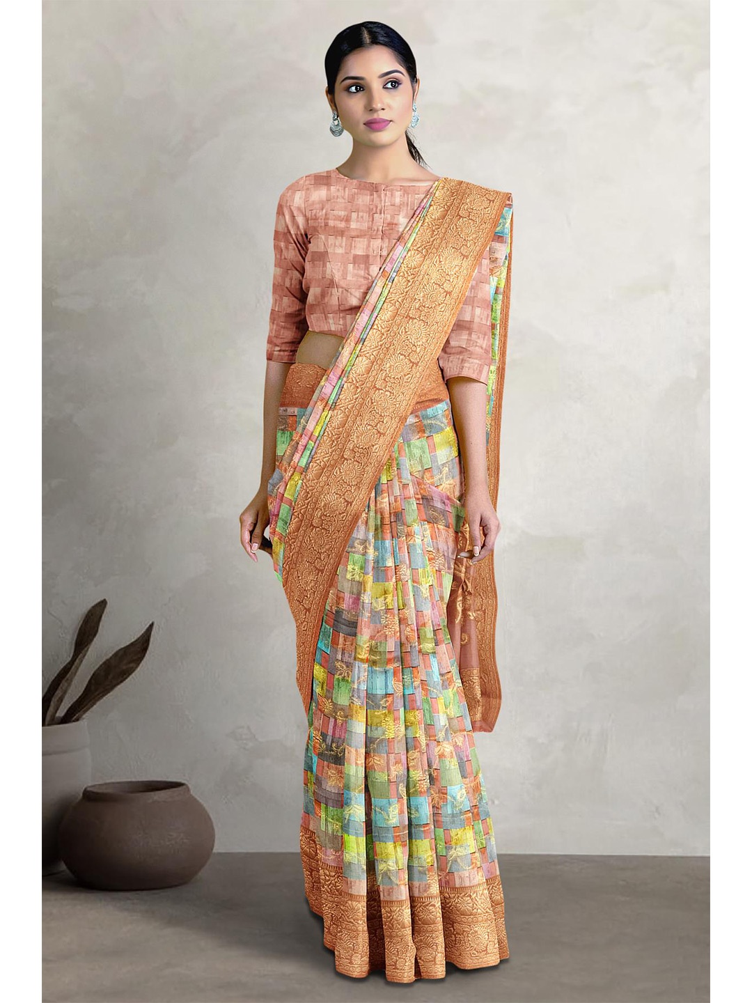 

Kalamandir Abstract Printed Woven Design Zari Bordere Banarasi Saree, Green