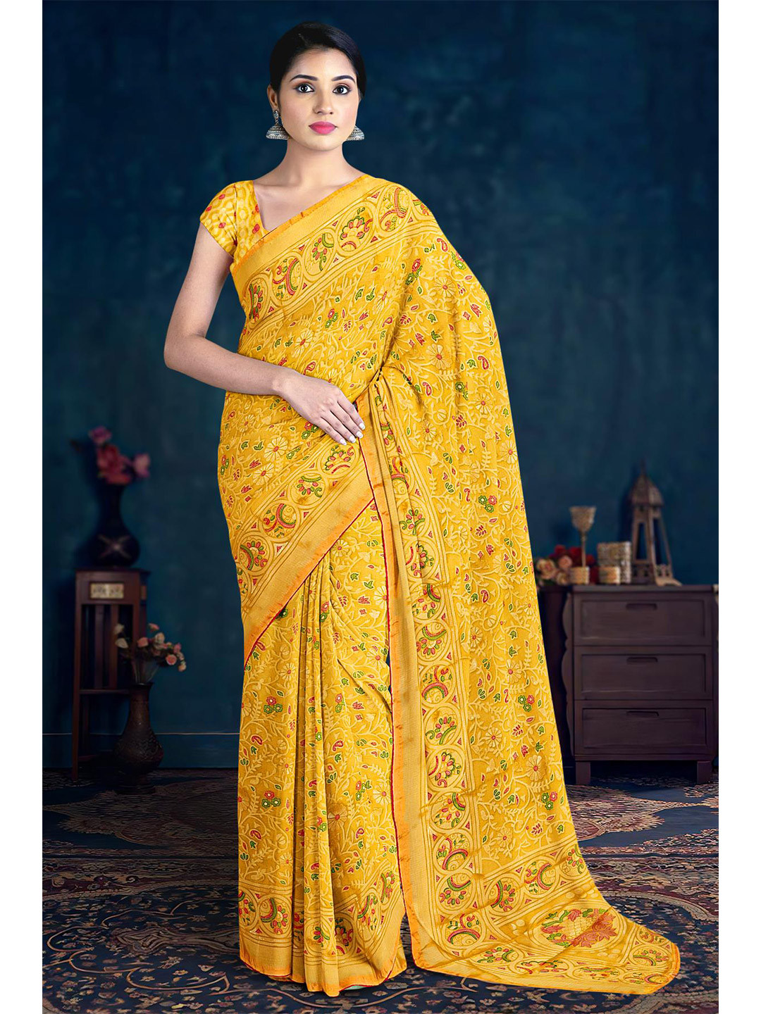 

Kalamandir Floral Printed Saree, Yellow