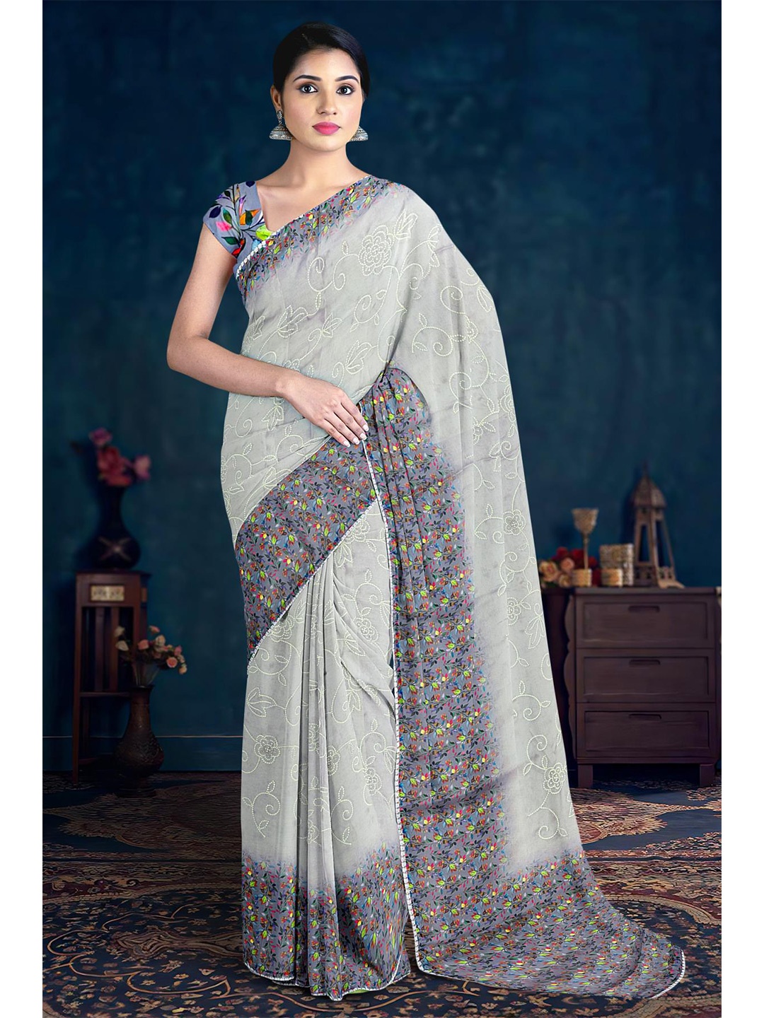

Kalamandir Floral Printed Saree, Grey