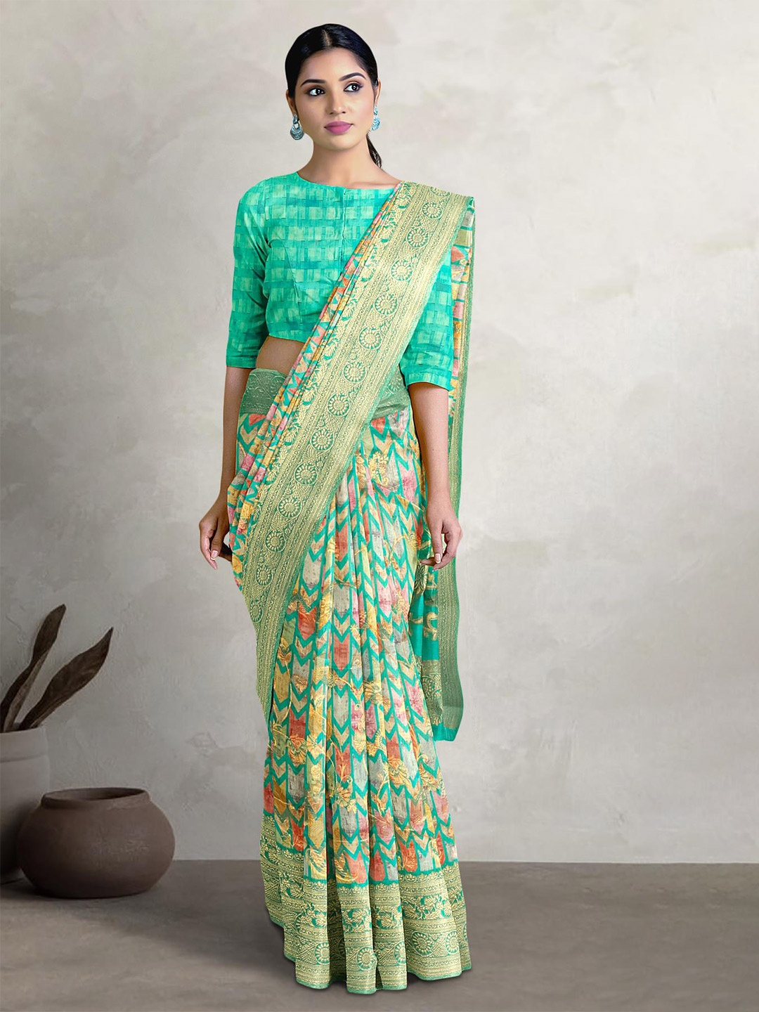 

Kalamandir Woven Design Zari Silk Blend Banarasi Saree, Green