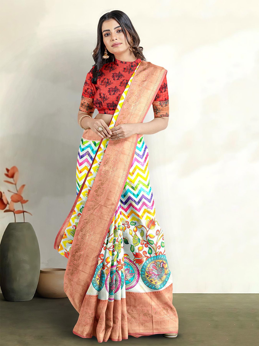 

Kalamandir Kalamkari Printed Zari Bordered Saree, Off white