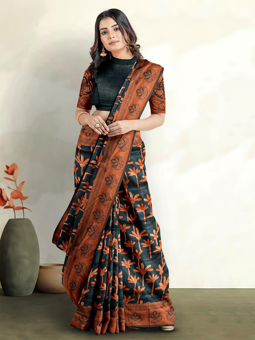 

Kalamandir Floral Printed Woven Design Zari Saree, Black