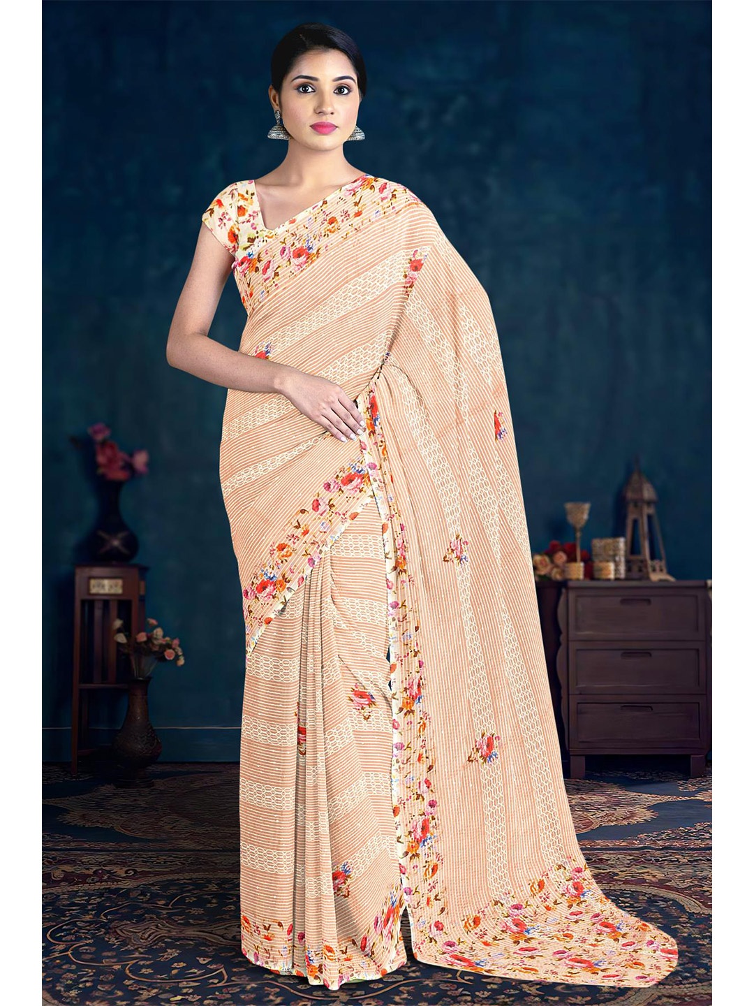 

Kalamandir Floral Printed Sequinned Saree, Peach