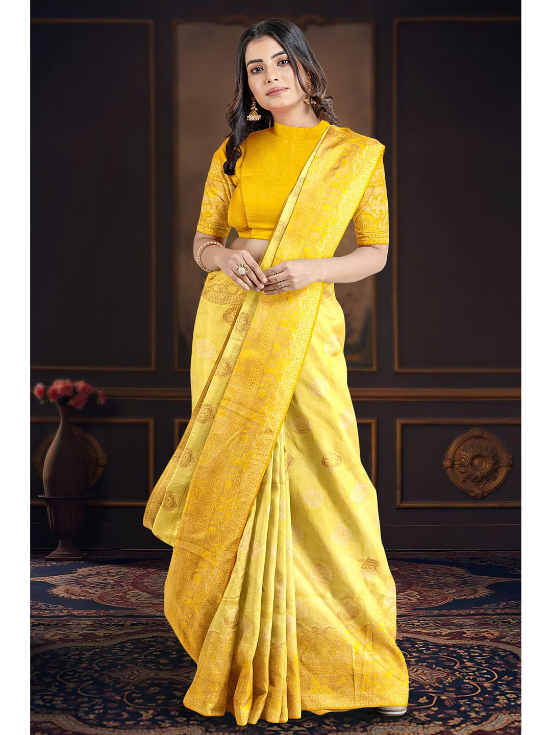 

Kalamandir Yellow Woven Design Zari Banarasi Saree