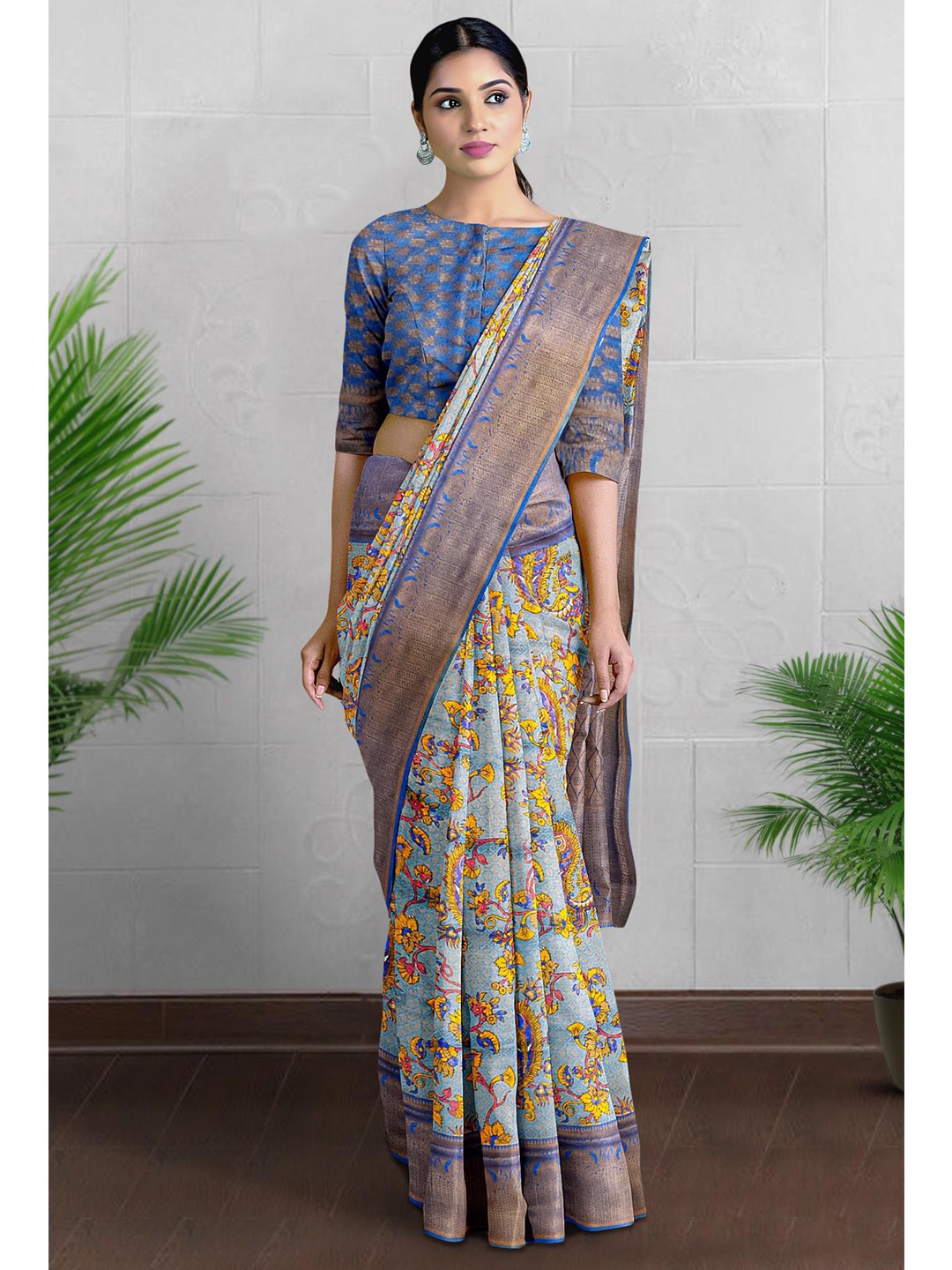 

Kalamandir Kalamkari Printed Zari Bordered Saree, Grey