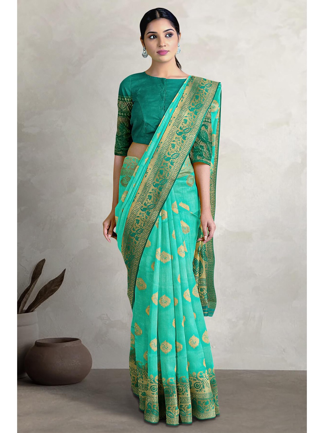 

Kalamandir Woven Design Zari Silk Blend Banarasi Saree, Green