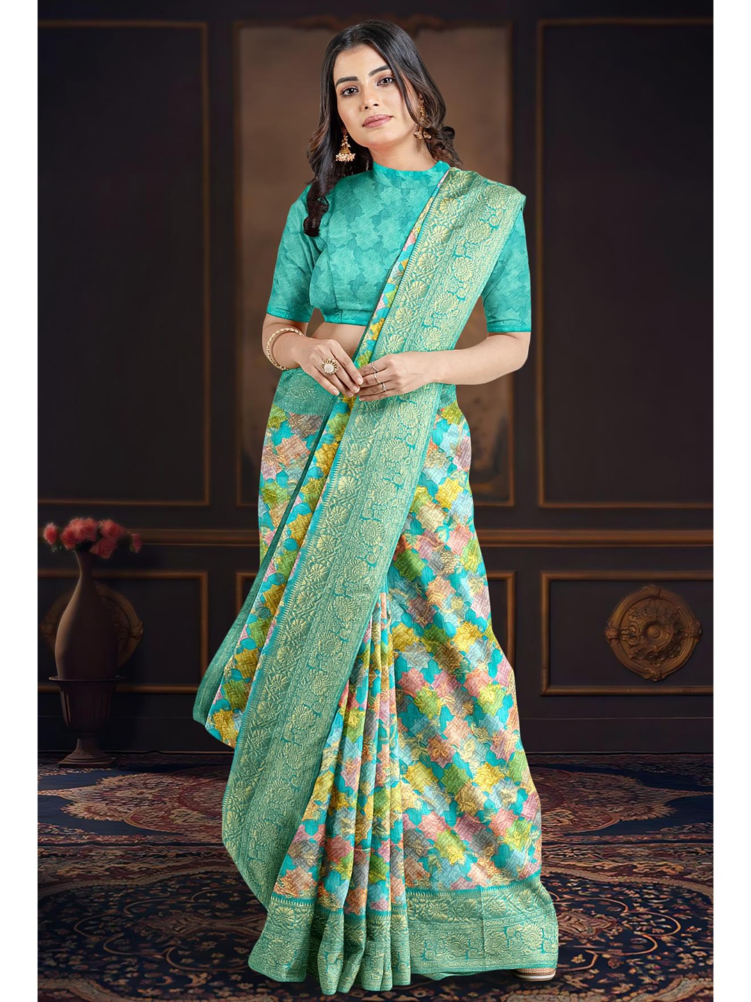 

Kalamandir Floral Printed Zari Banarasi Saree, Blue