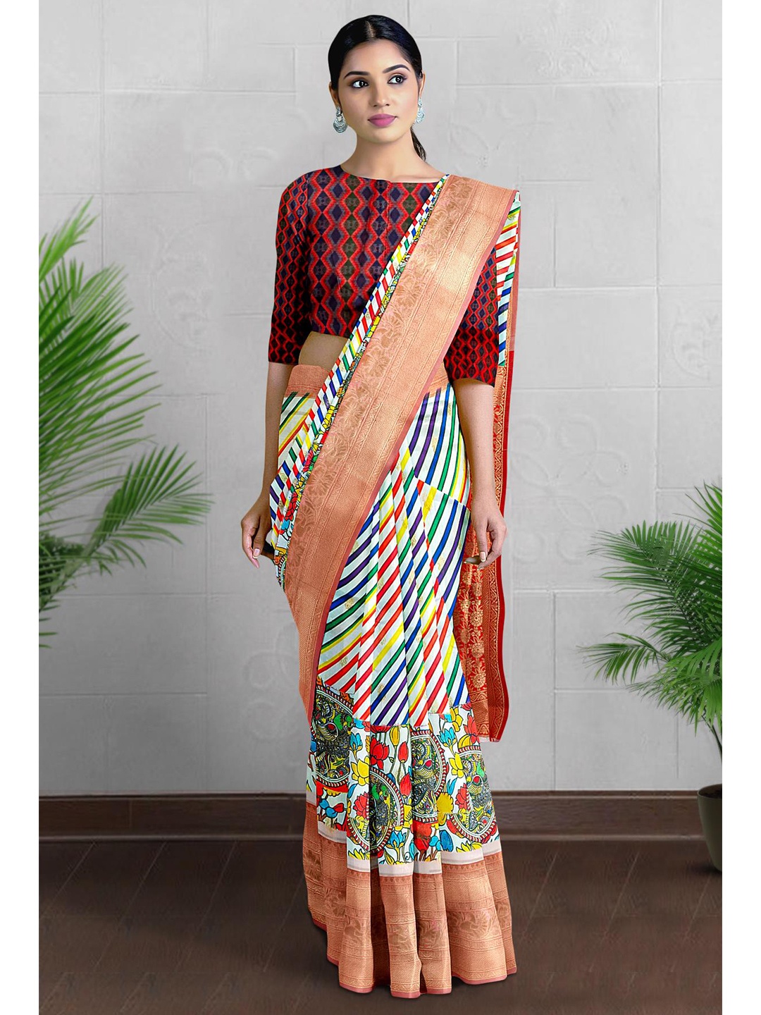 

Kalamandir Striped Zari Banarasi Saree, Off white