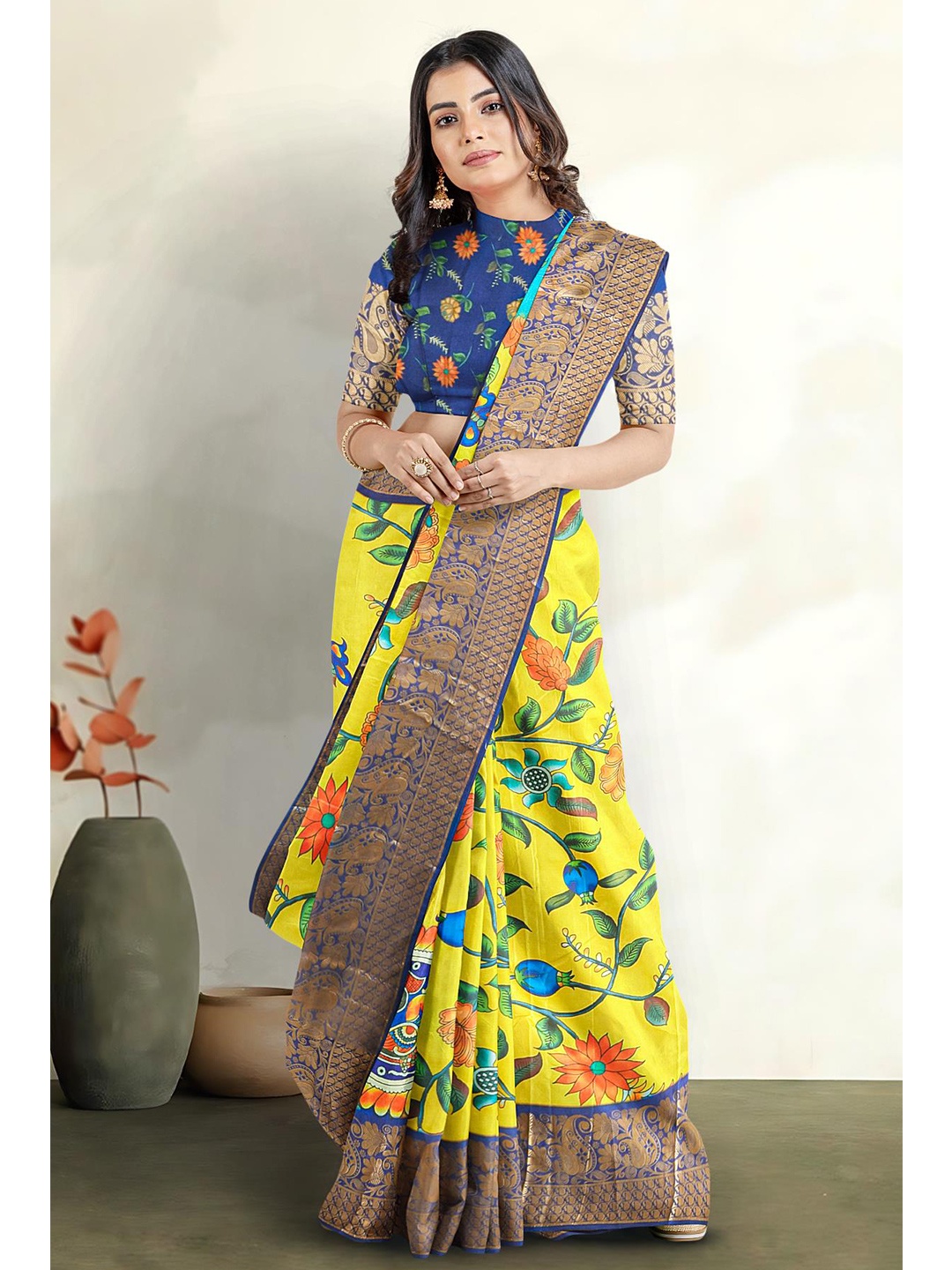 

Kalamandir Kalamkari Printed Zari Bordered Saree, Yellow