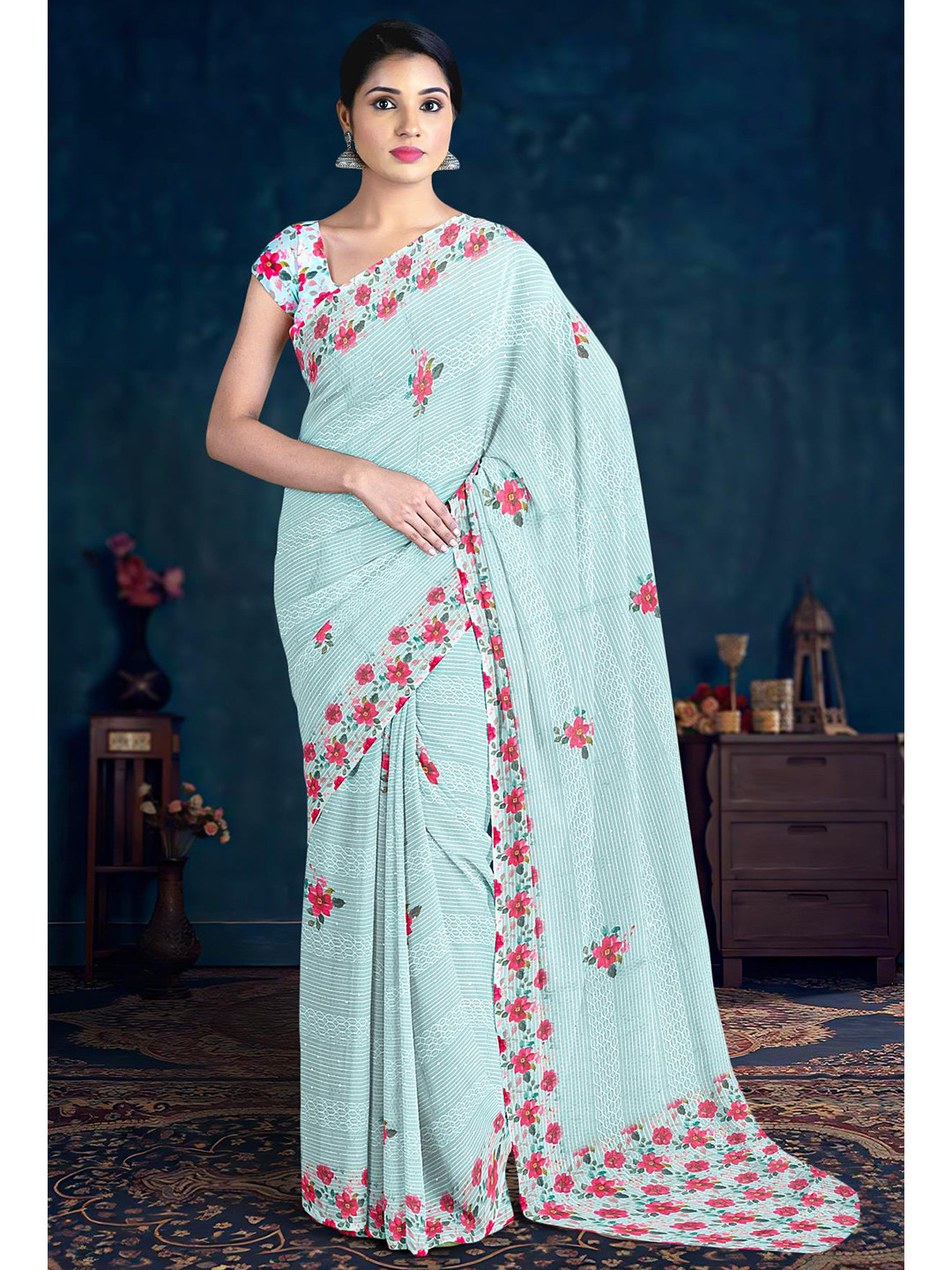 

Kalamandir Floral Printed Saree, Turquoise blue