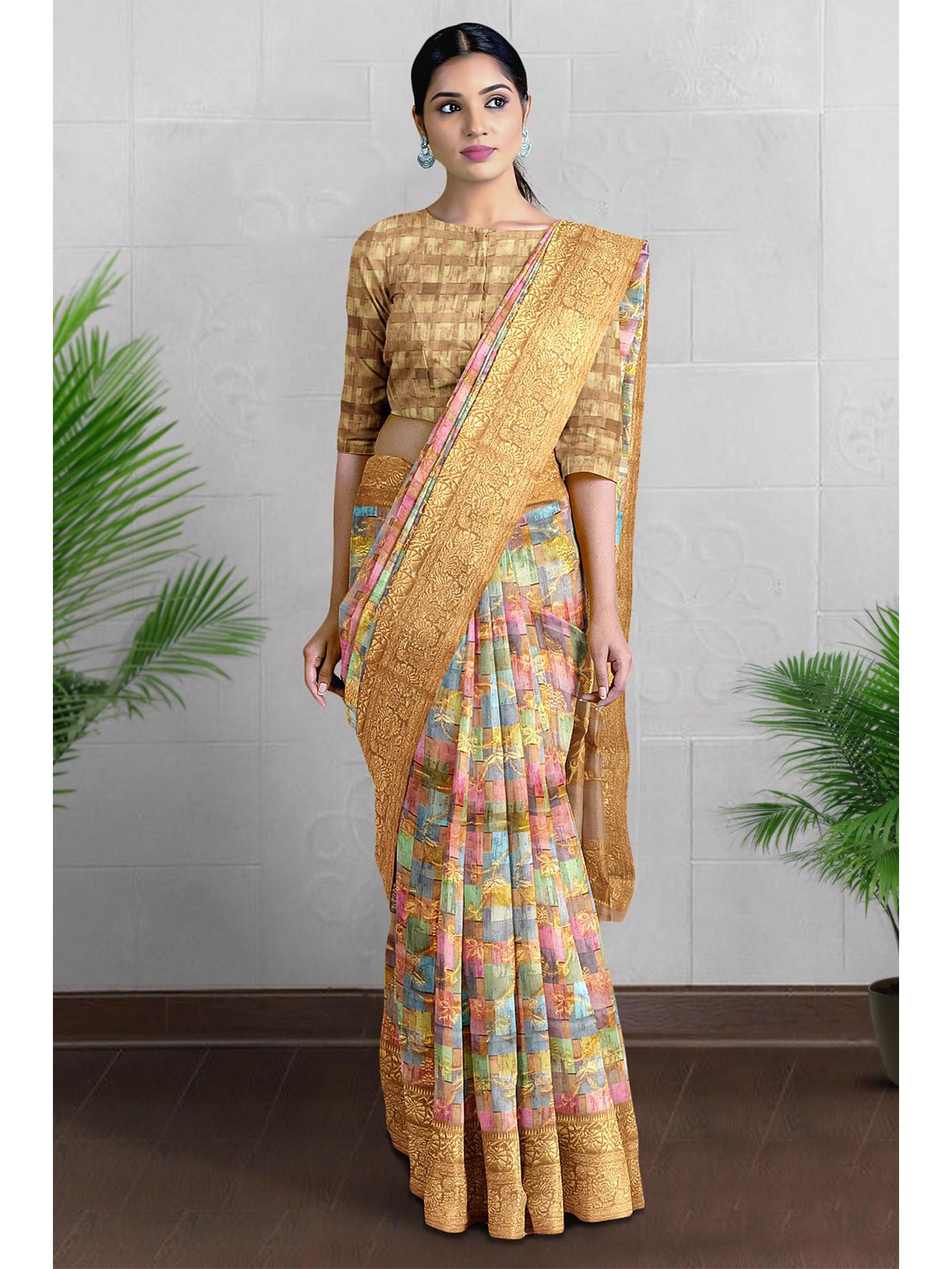 

Kalamandir Geometric Printed Banarasi Saree, Camel brown