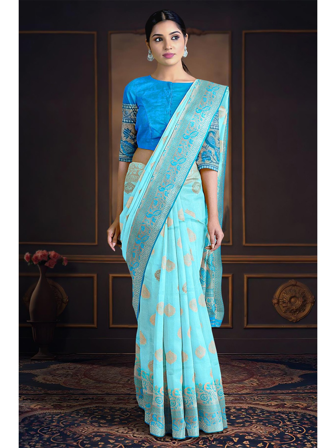 

Kalamandir Woven Design Zari Silk Blend Banarasi Saree, Blue