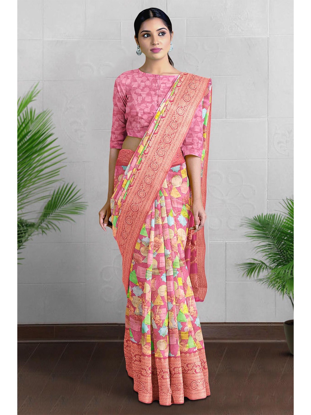 

Kalamandir Geometric Printed Banarasi Saree, Peach