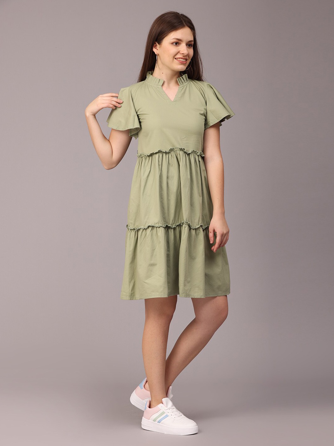 

NAYRA Mandarin Collar Tiered Cotton Fit And Flare Dress, Green
