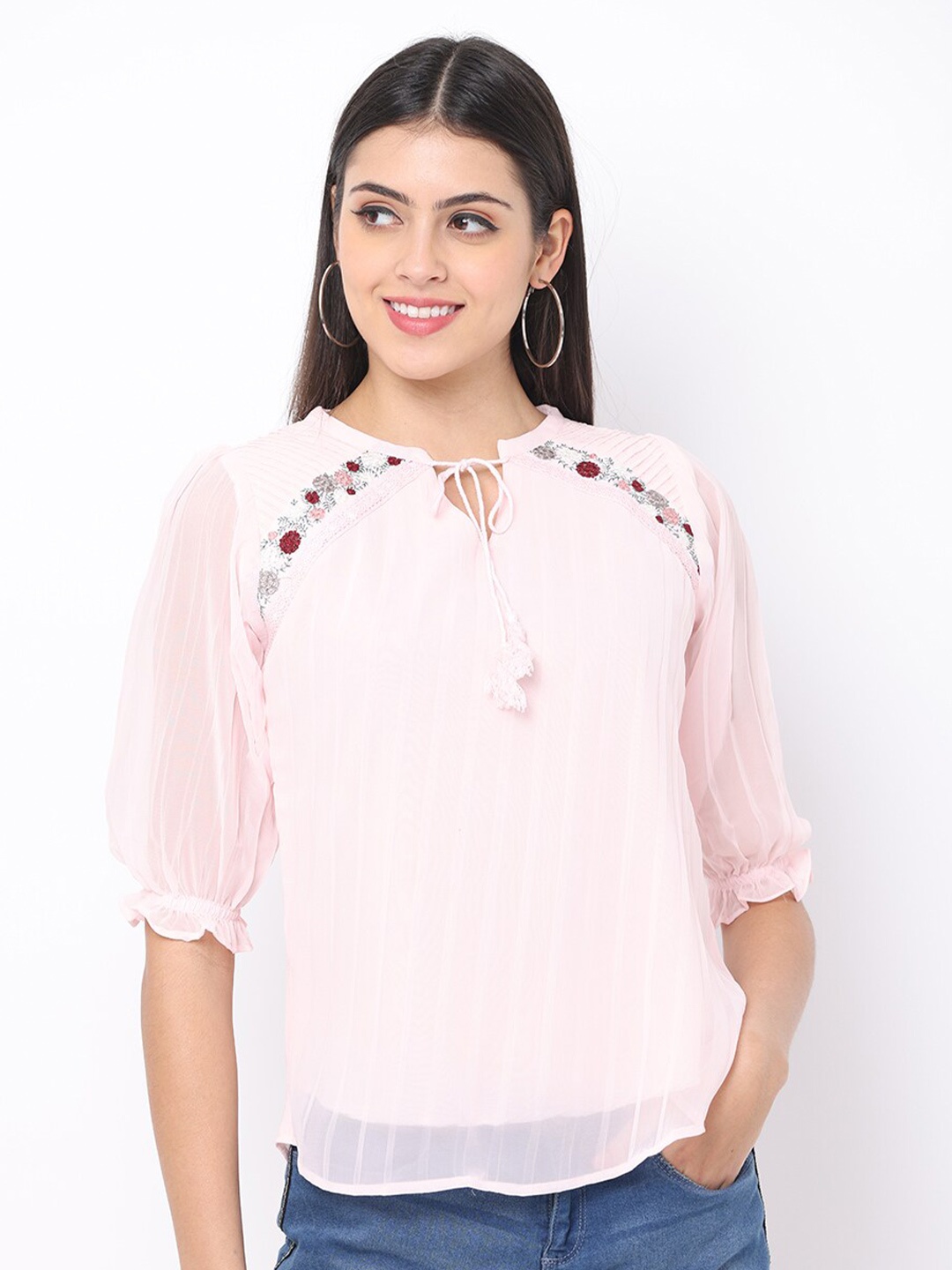 

GLORY & I Pink Tie-Up Neck Georgette Top