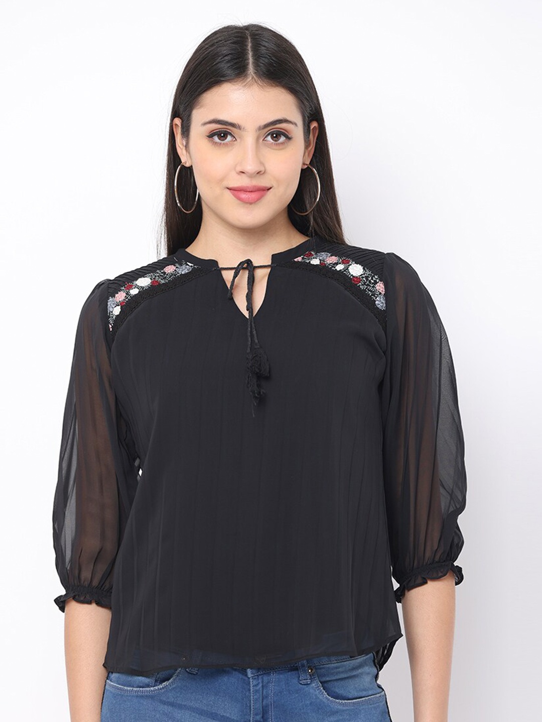 

GLORY & I Black Tie-Up Neck Georgette Top