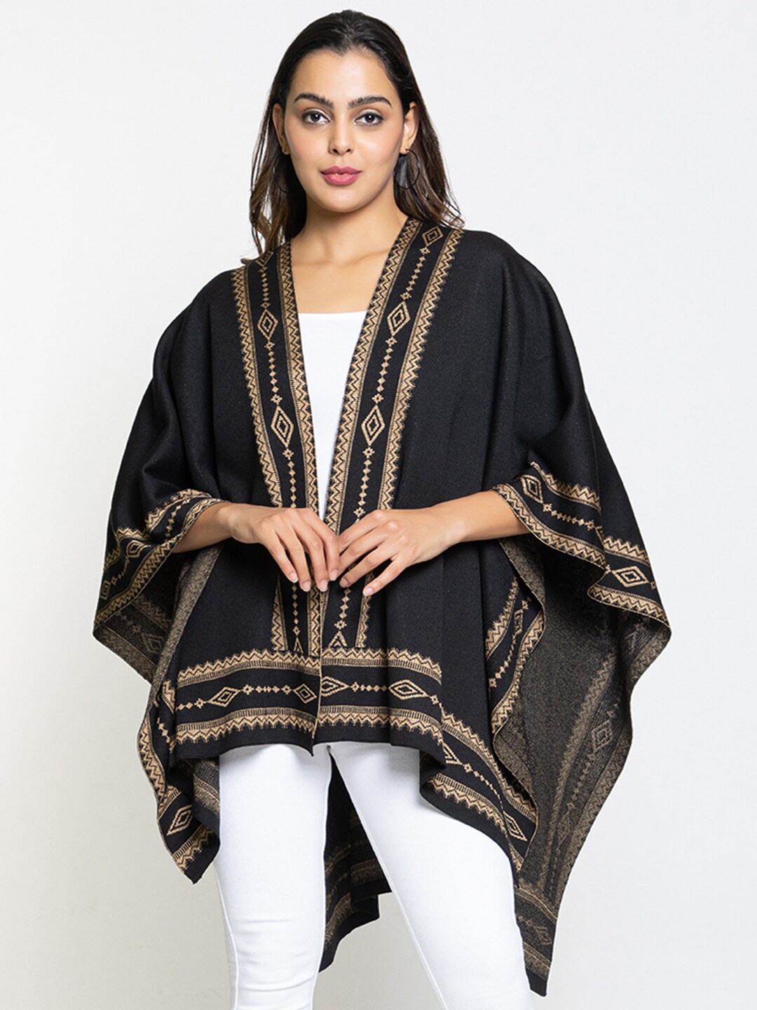 

KEIKO Women Printed Open Front Acrylic Shrug, Black