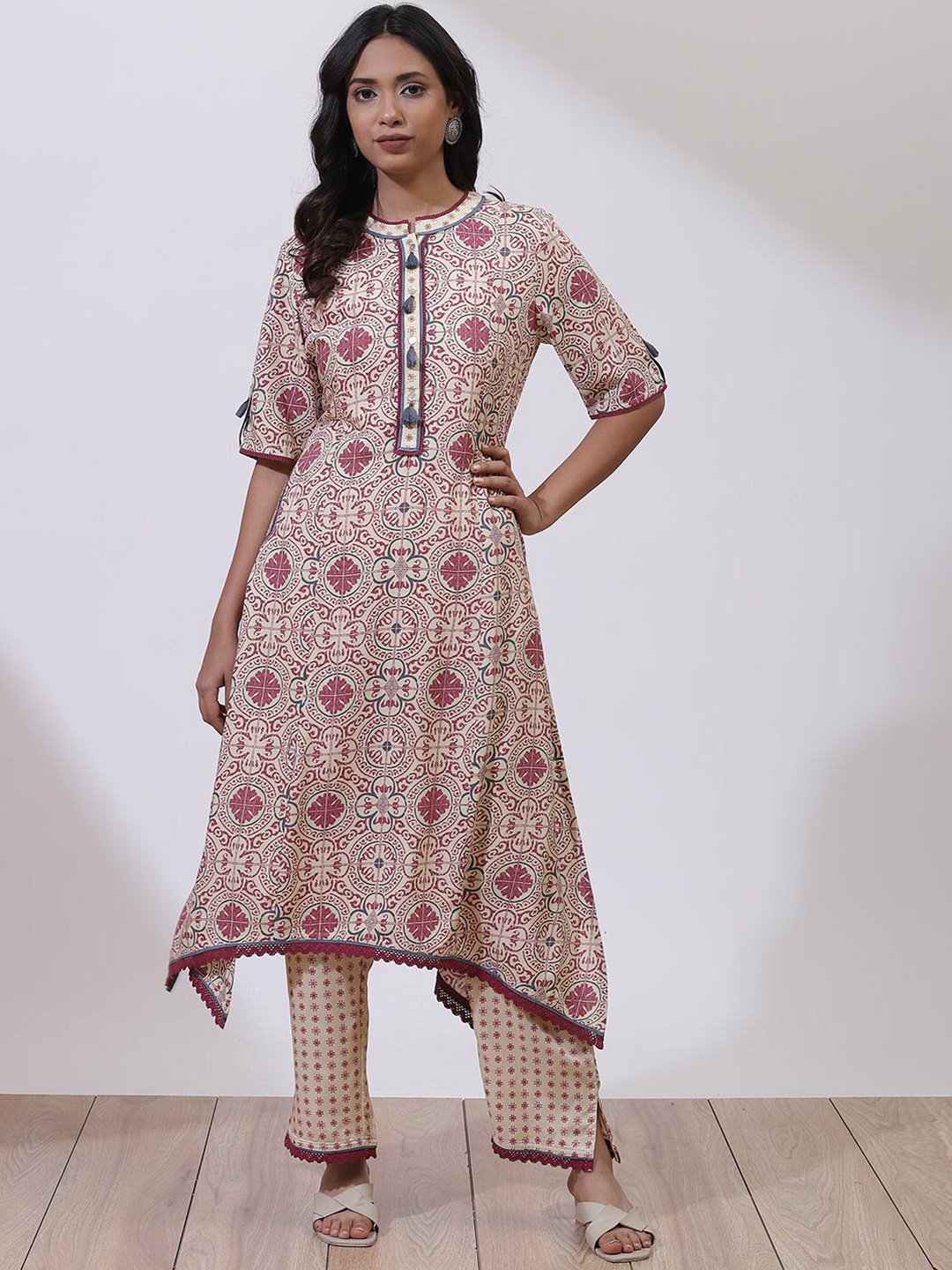 

Lakshita Mandarin Collar Printed Pure Cotton Kurta with Palazzos, Cream