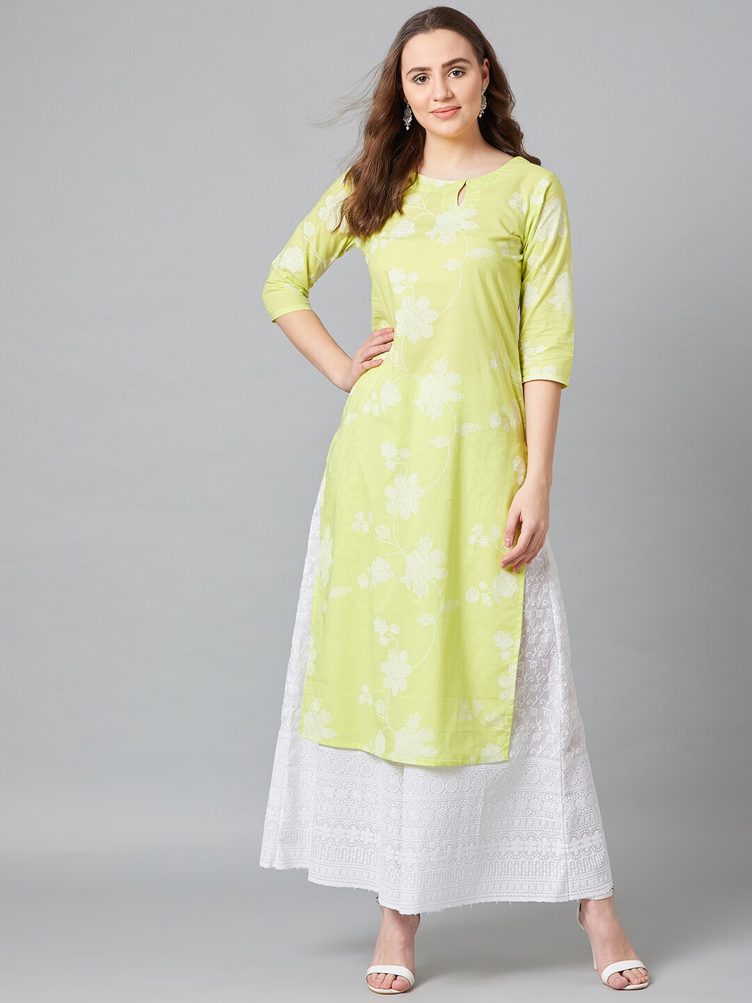 

PANIT Women Floral Printed Kurta With Palazzos, Lime green