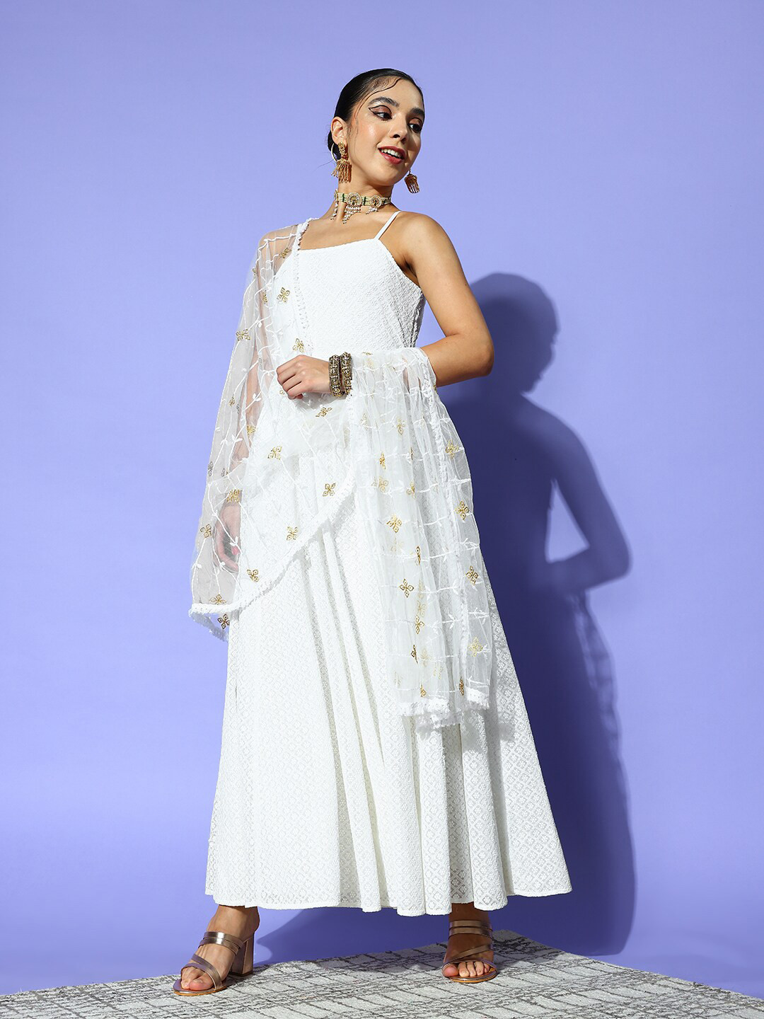 

PANIT Floral Georgette Shoulder Straps Maxi Dress With Dupatta, White