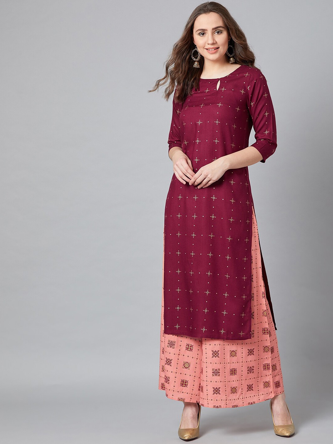 

PANIT Women Ethnic Motifs Printed Kurta With Palazzos, Maroon