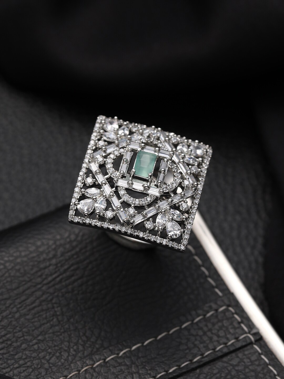 

Jazz and Sizzle Silver-Plated AD-Studded Adjustable Finger Ring, Sea green