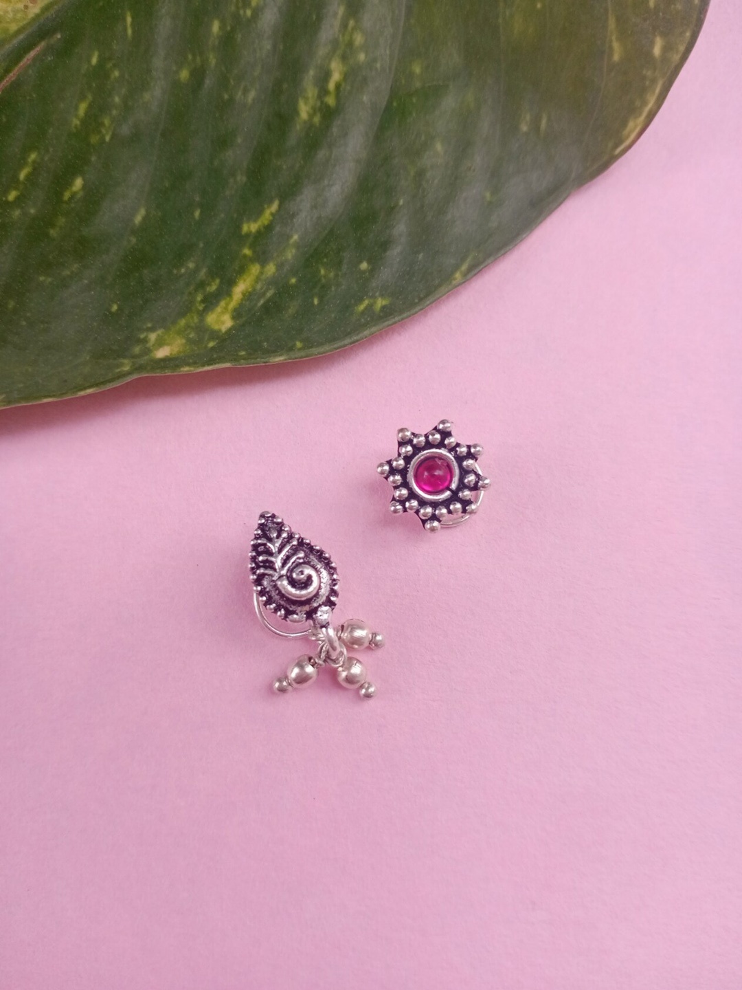 

FIROZA Set Of 2 Silver Plated Oxidised Stone Studded Stud Nosepins