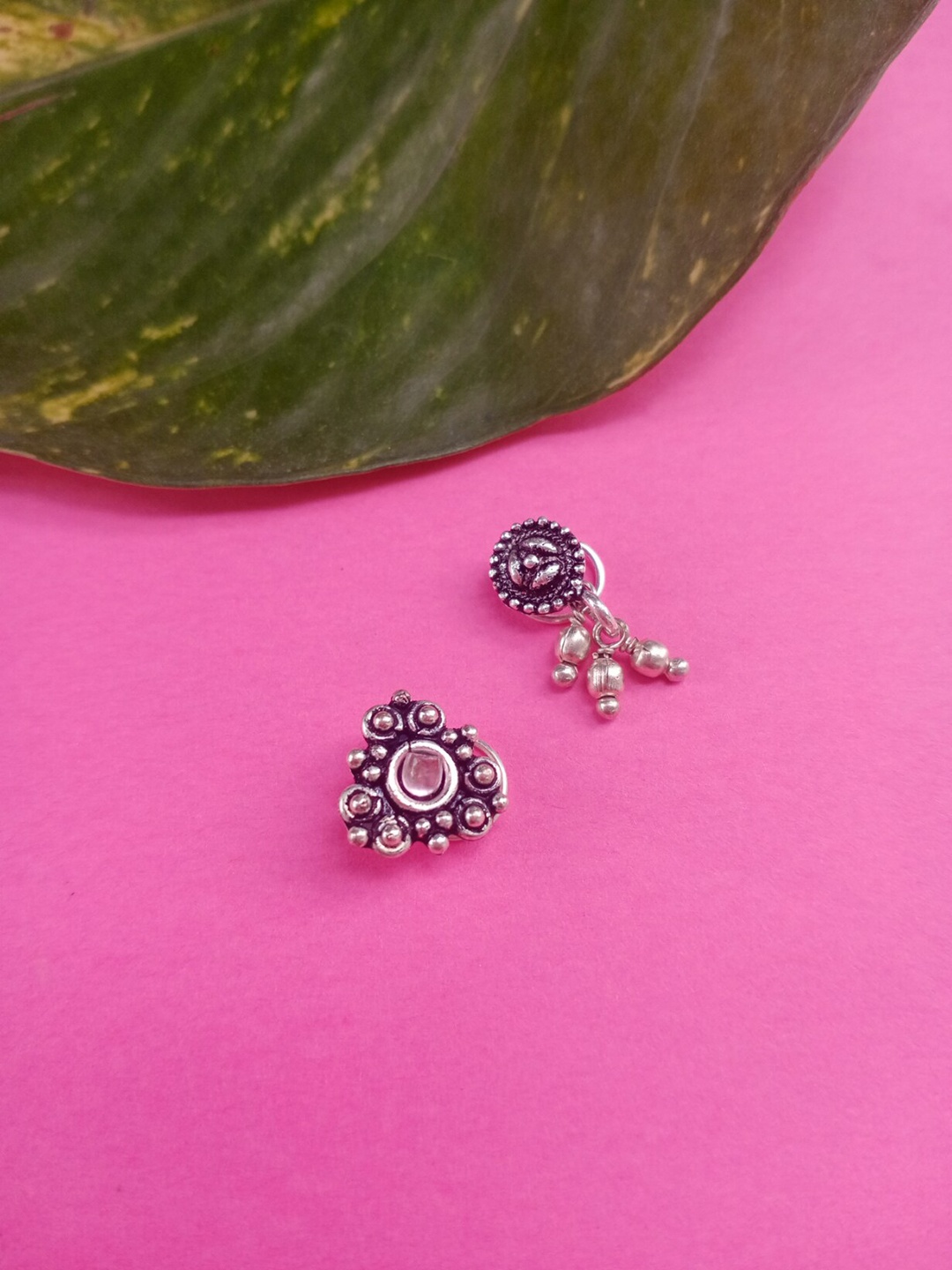 

FIROZA Set Of 2 Silver Plated Oxidised Stone Studded Stud Nosepins