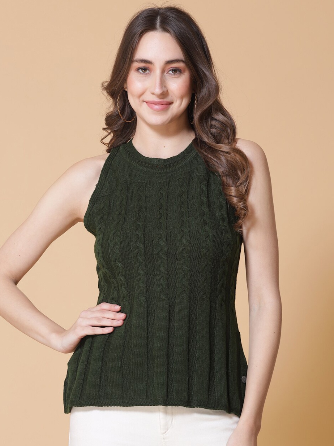 

Wool Trees Women Cable Knit Sleeveless Acrylic Pullover Sweater, Green