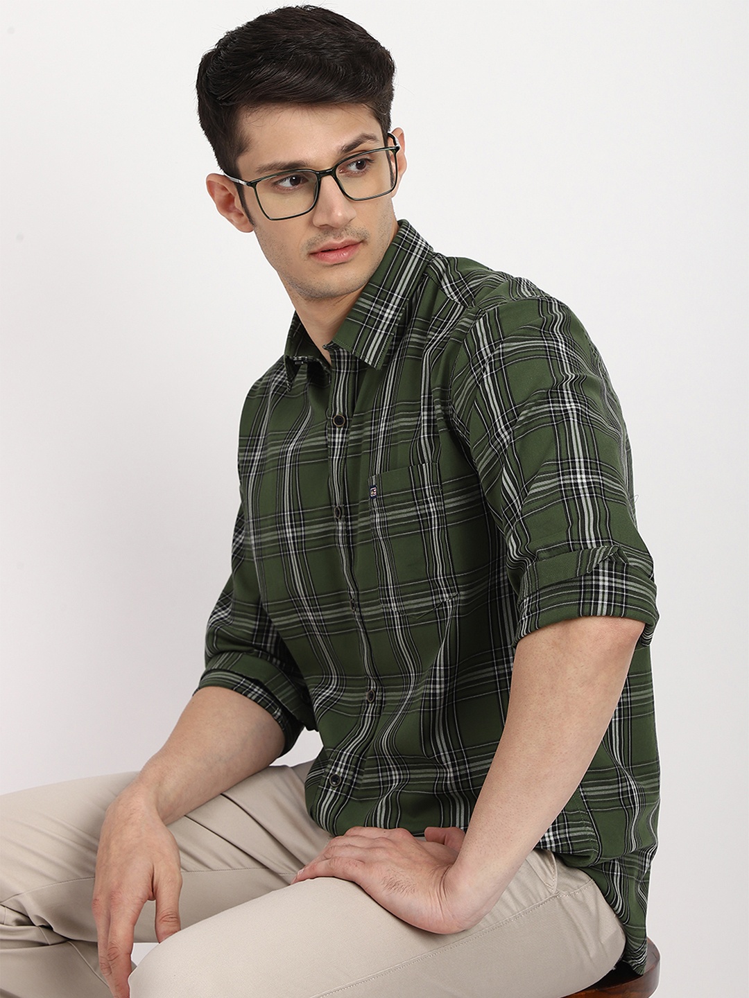 

Arrow Sport Men Tartan Checks Mitered Cuff Cotton Casual Shirt, Green