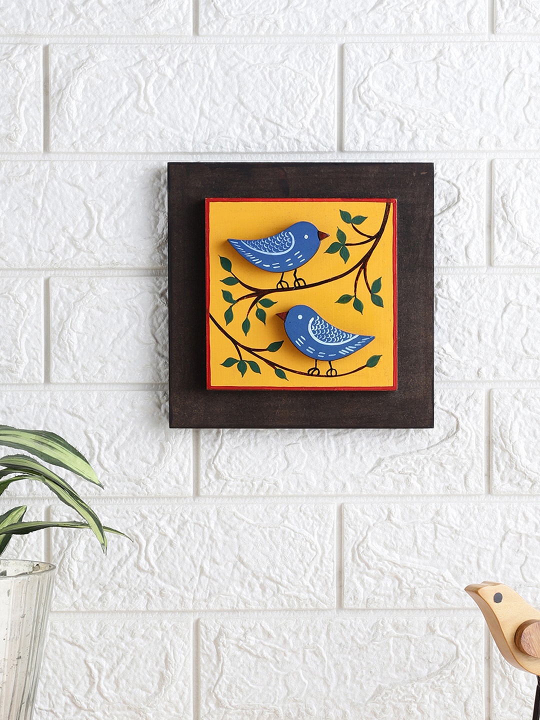 

VarEesha Neel Yellow & Blue Painted Birds Square Wooden Wall Hanging