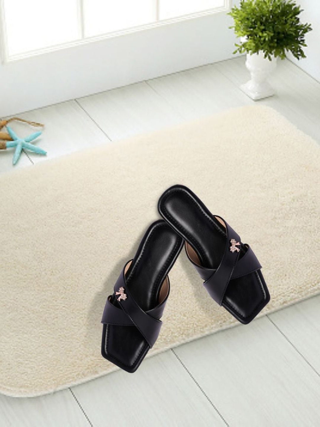 

PERY PAO Women Embellished Open Toe Flats, Black