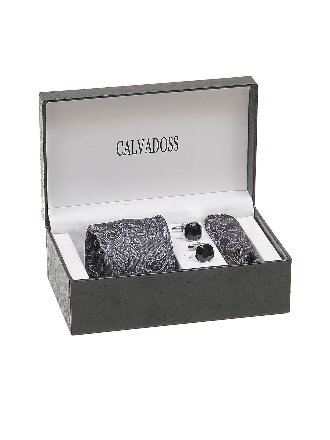 

Calvadoss Men Broad Tie, Cufflink And Pocket Square Accessory Gift Set, Black