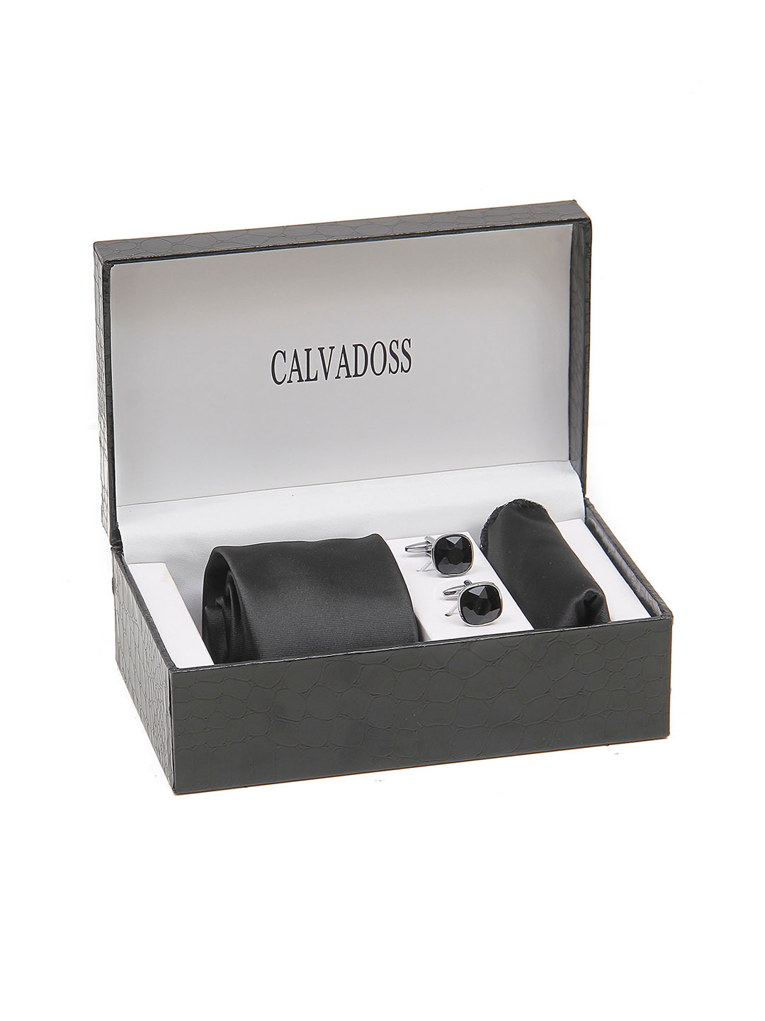 

Calvadoss Men Broad Tie, Cufflink and Pocket Square Accessory Gift Set, Black