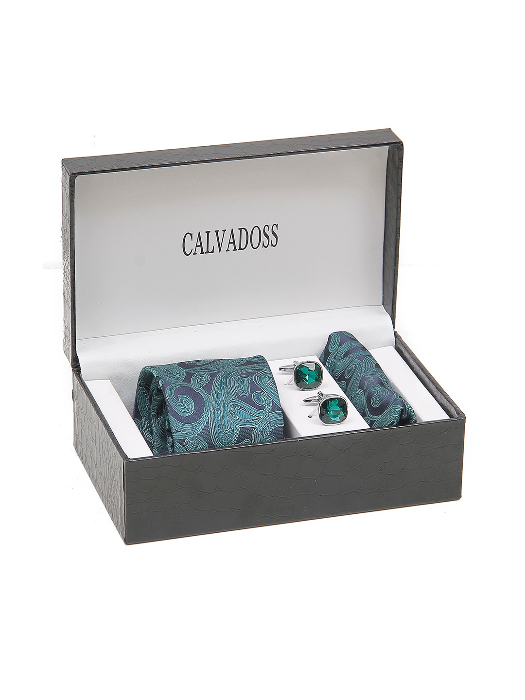 

Calvadoss Men Printed Broad Tie, Cufflink and Pocket Square Accessory Gift Set, Green