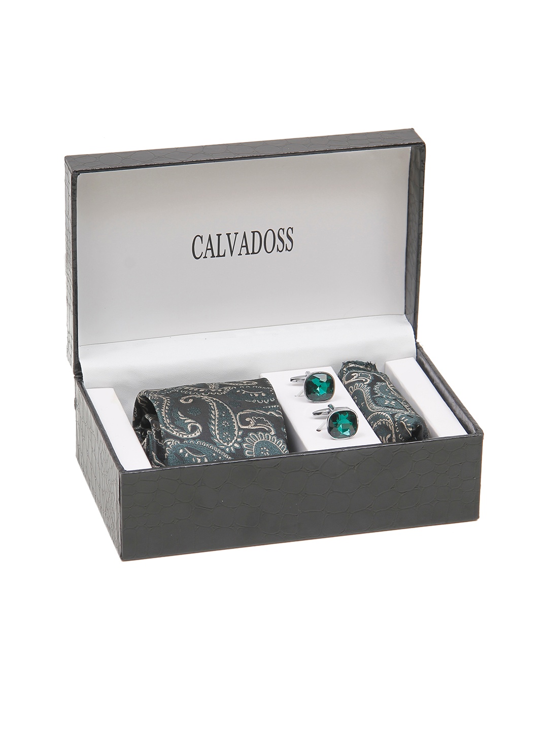 

Calvadoss Men Printed Broad Tie, Cufflink and Pocket Square Accessory Gift Set, Green