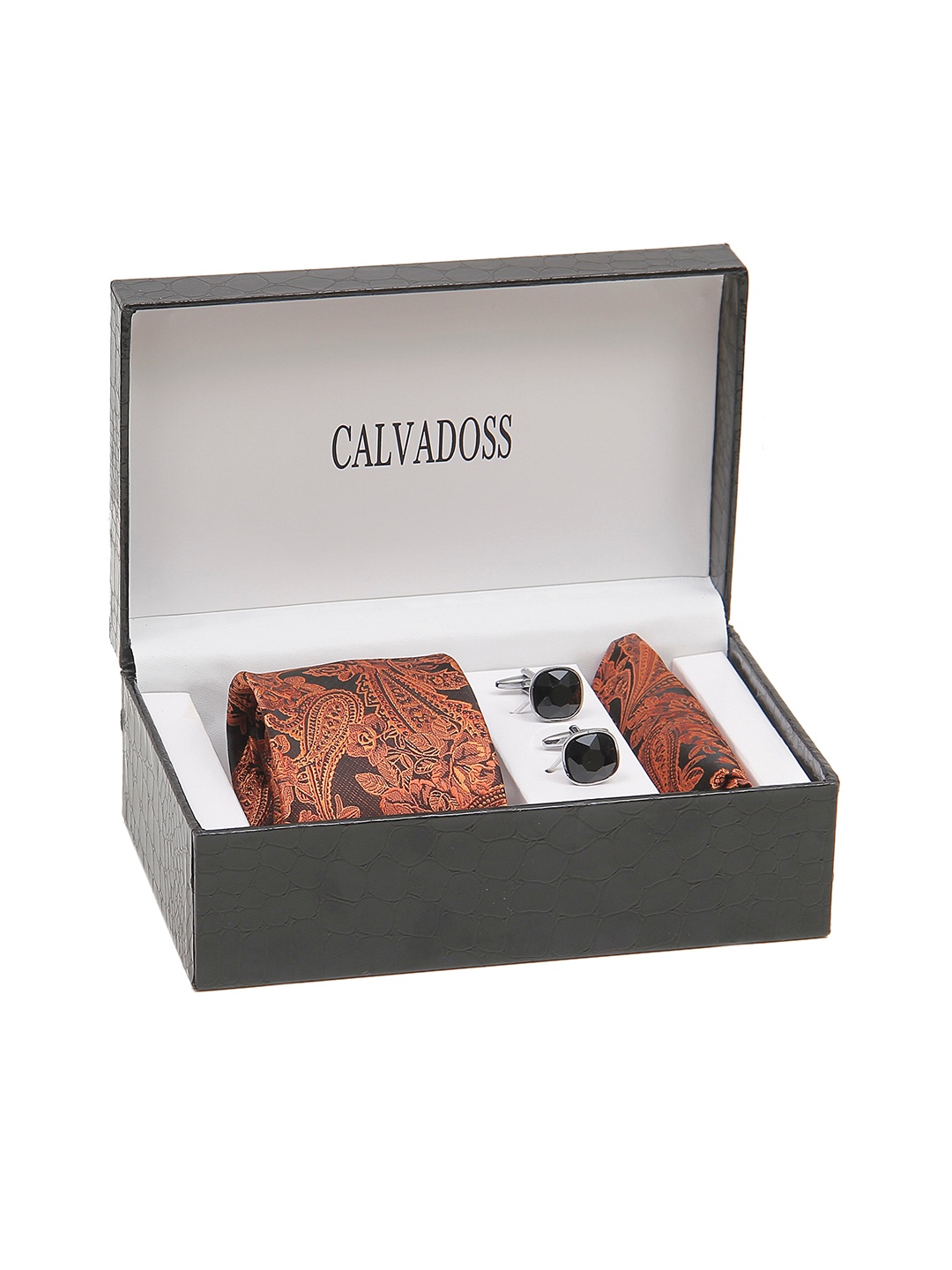 

Calvadoss Men Microfiber Broad Tie, Cufflink & Pocket Square Gift Set, Brown