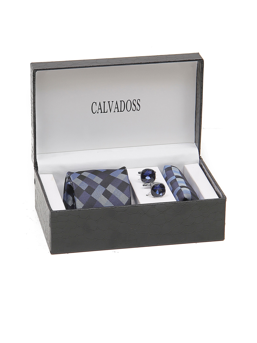 

Calvadoss Men Checked Broad Tie, Cufflink and Pocket Square Accessory Gift Set, Navy blue