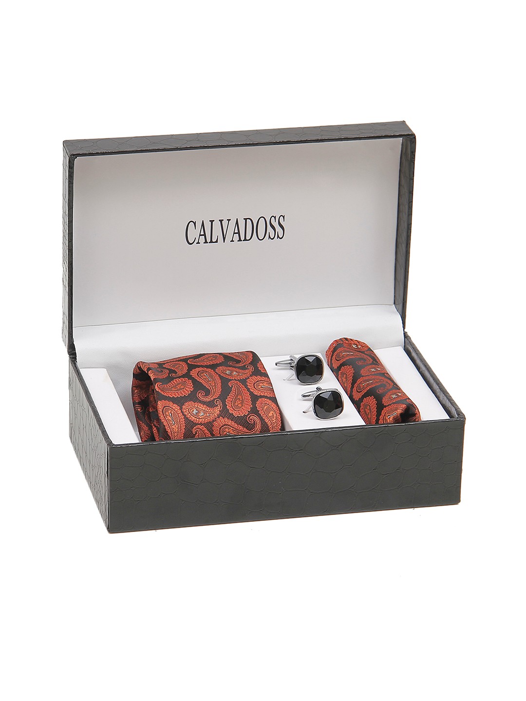

Calvadoss Men Paisley Printed Broad Tie, Cufflink and Pocket Square Accessory Gift Set, Black