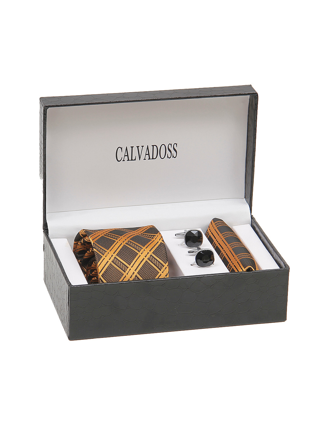 

Calvadoss Men Printed Broad Tie, Cufflink and Pocket Square Accessory Gift Set, Black