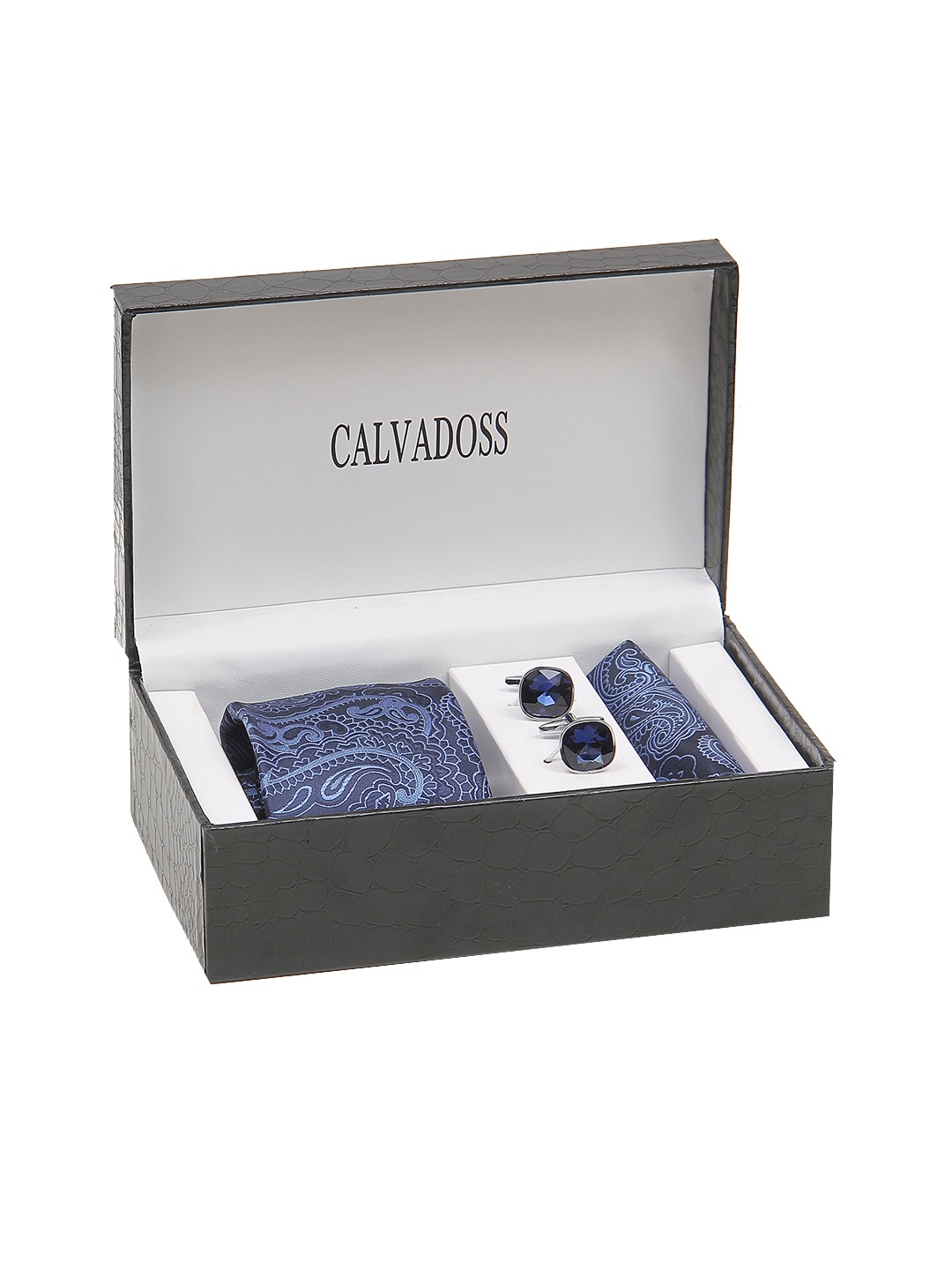 

Calvadoss Men Printed Broad Tie, Cufflink and Pocket Square Accessory Gift Set, Navy blue