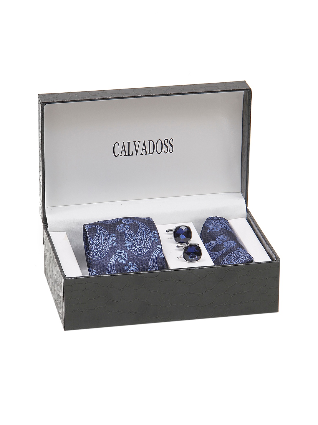 

Calvadoss Men Printed Broad Tie, Cufflink and Pocket Square Accessory Gift Set, Navy blue
