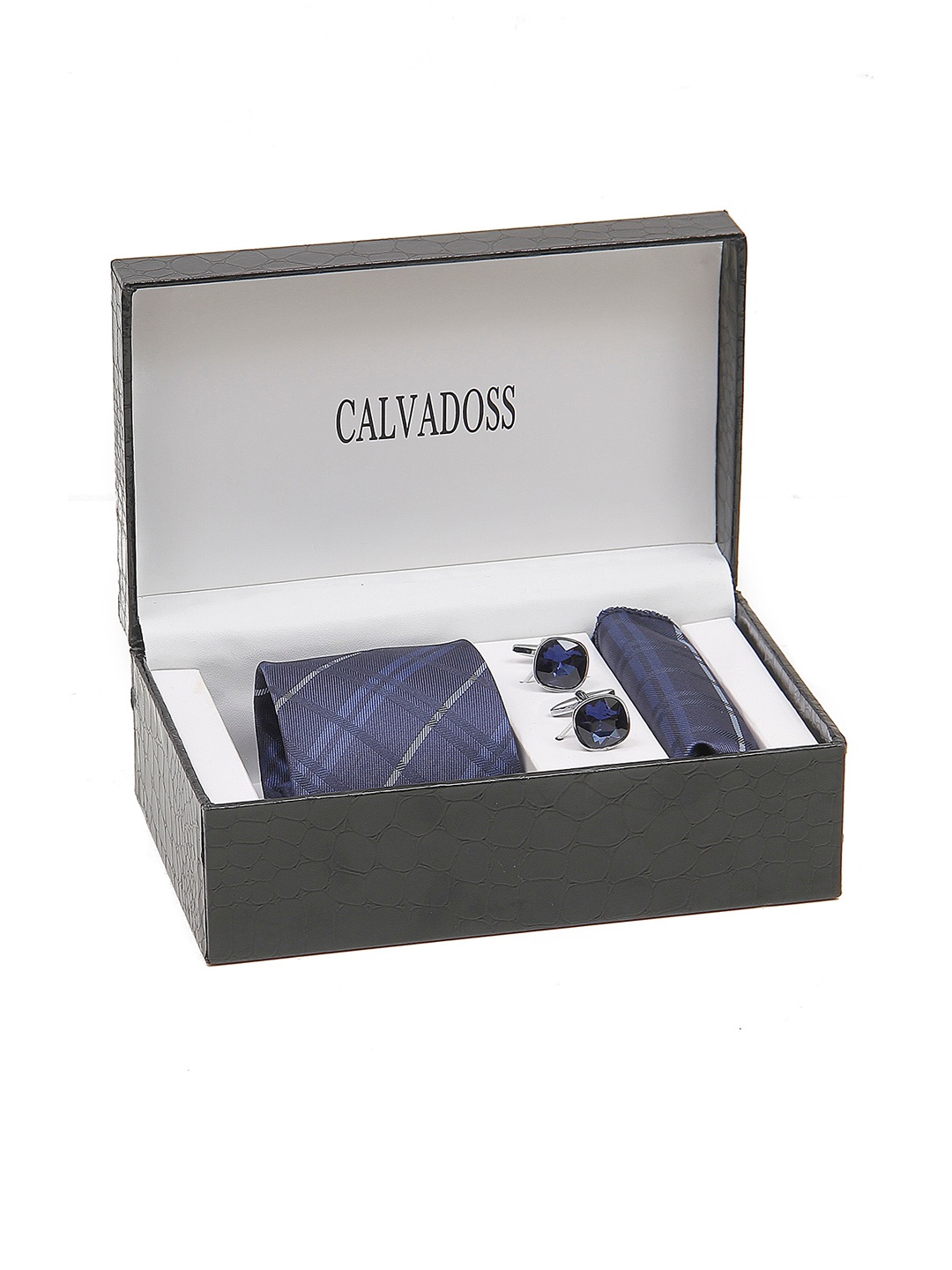 

Calvadoss Men Broad Tie, Cufflink and Pocket Square Accessory Gift Set, Navy blue