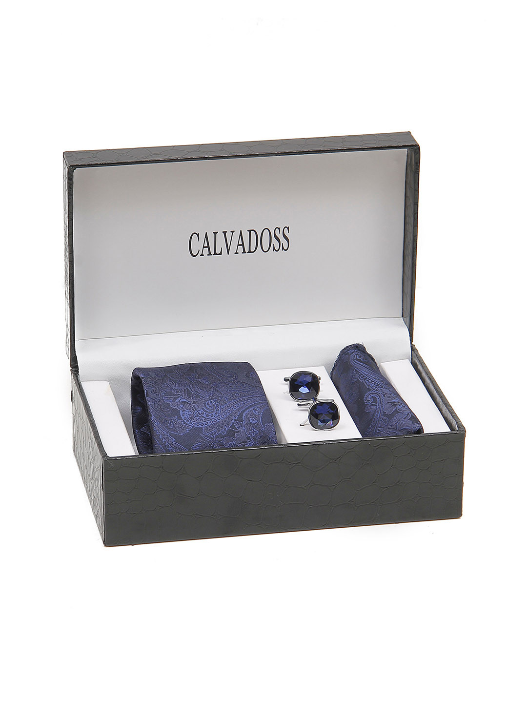 

Calvadoss Men Printed Broad Tie, Cufflink and Pocket Square Accessory Gift Set, Navy blue