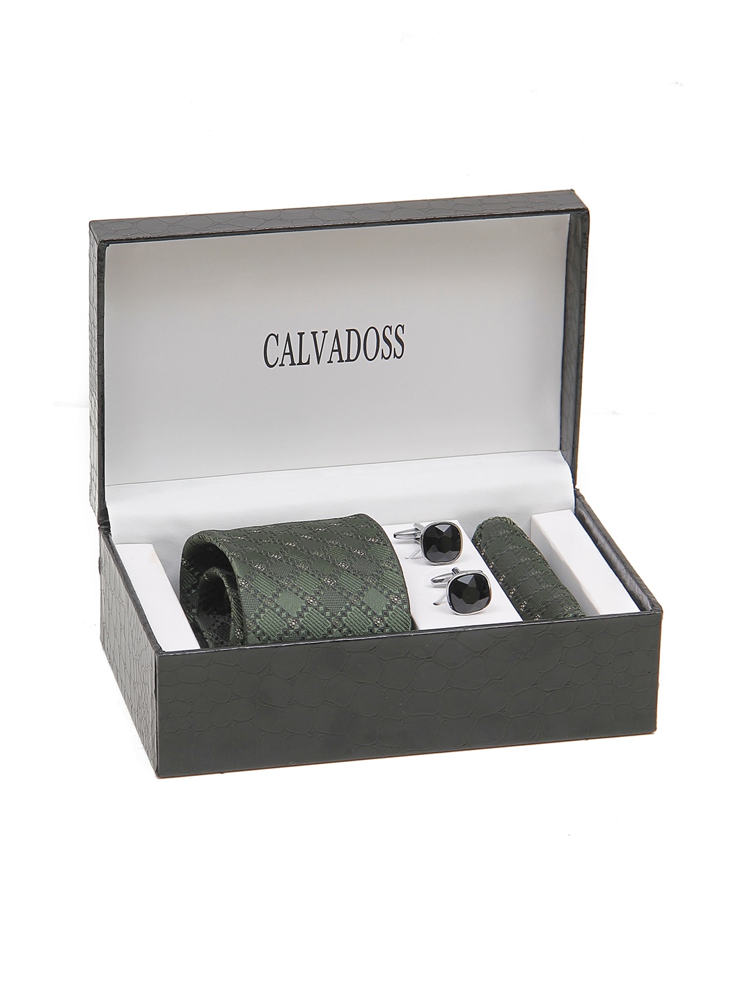 

Calvadoss Men Broad Tie, Cufflink and Pocket Square Accessory Gift Set, Black