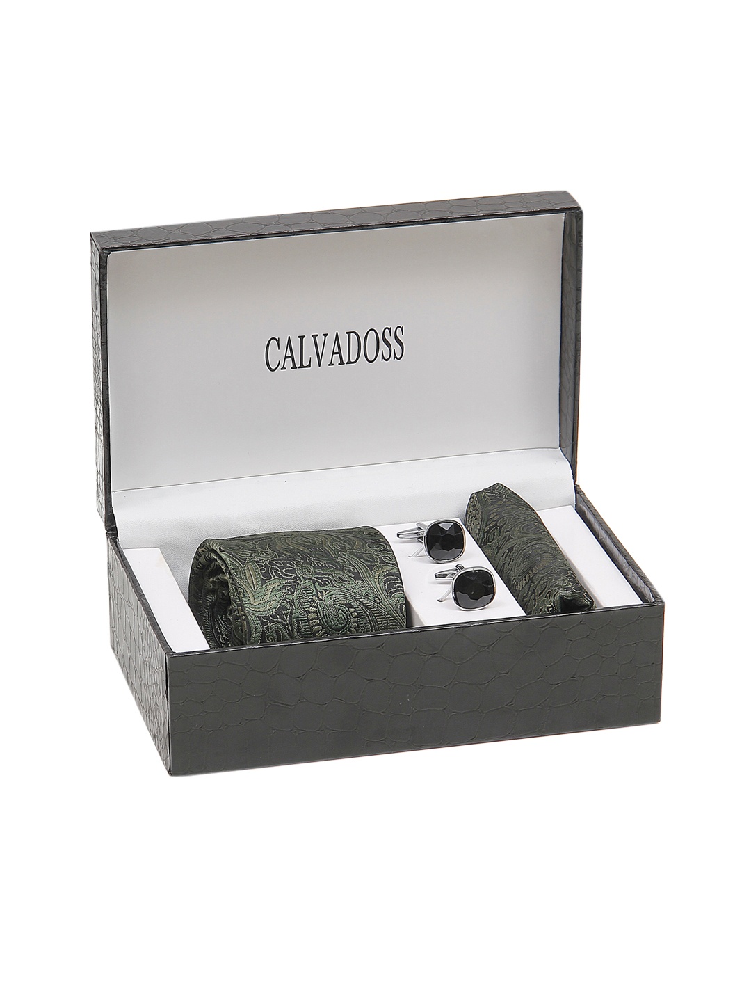 

Calvadoss Men Printed Broad Tie, Cufflink and Pocket Square Accessory Gift Set, Black