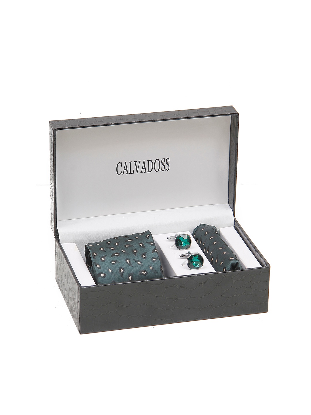 

Calvadoss Men Broad Tie, Cufflink and Pocket Square Accessory Gift Set, Green