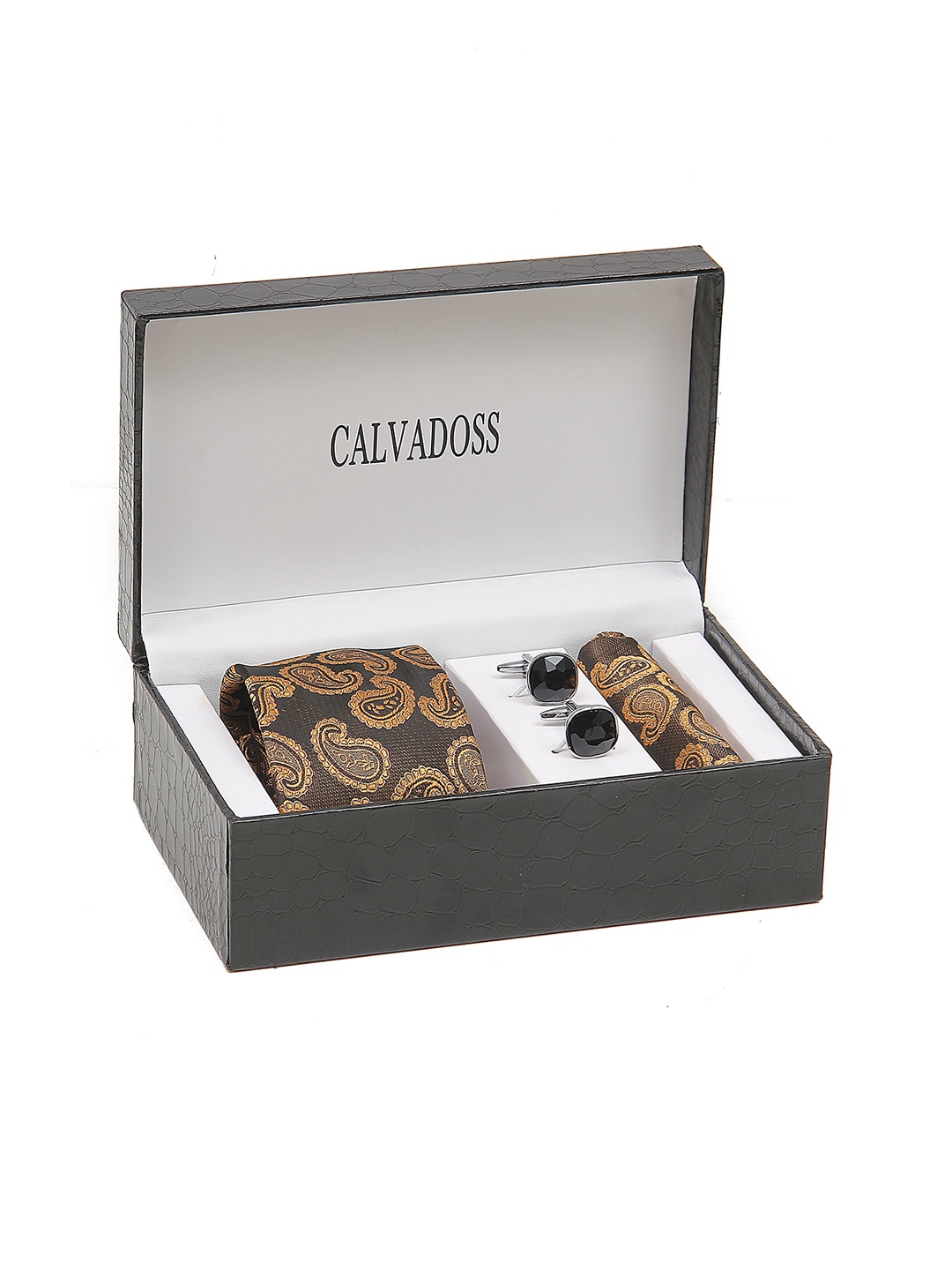 

Calvadoss Men Microfiber Broad Tie, Cufflink & Pocket Square Gift Set, Brown
