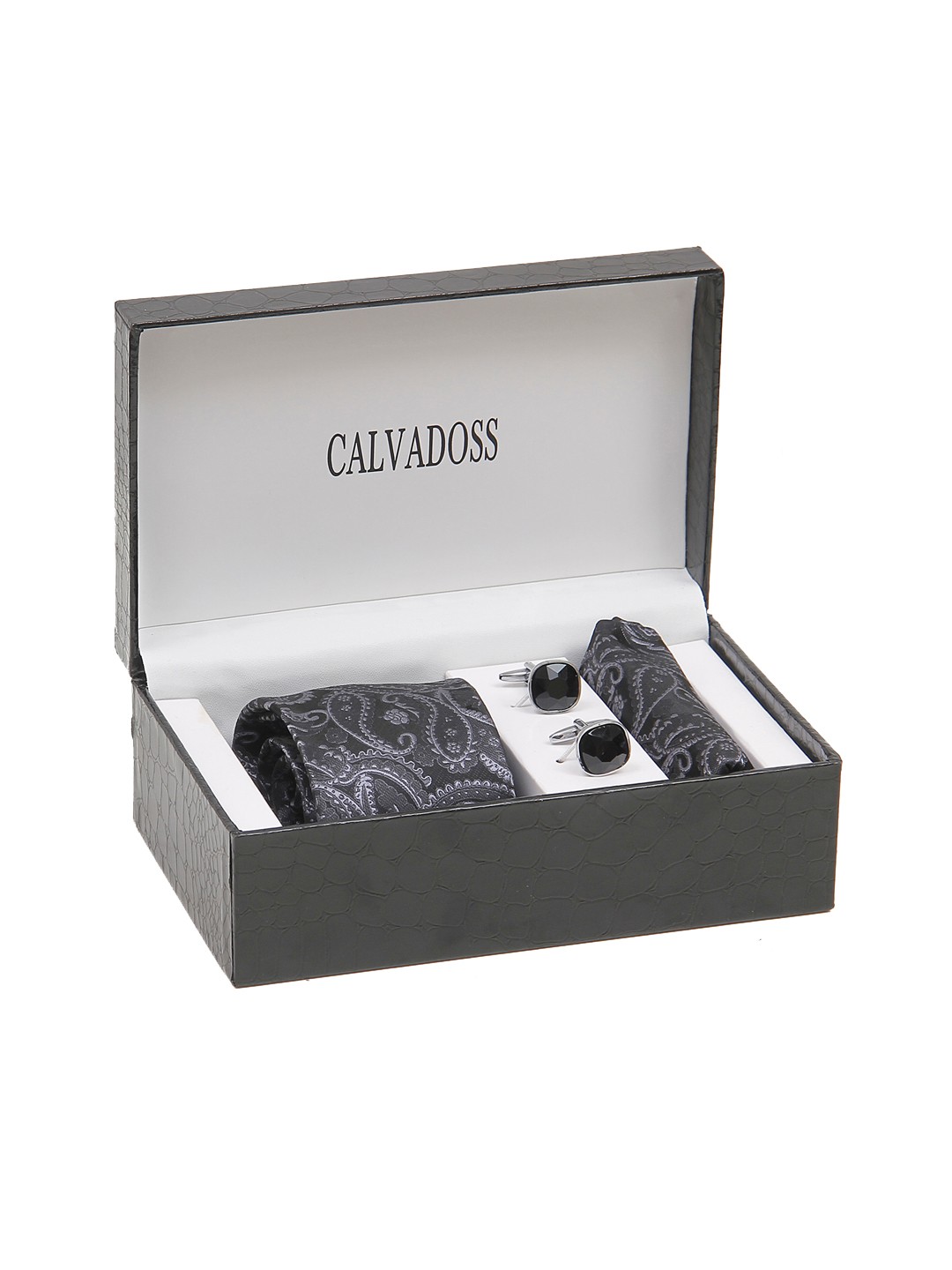 

Calvadoss Men Woven Broad Tie, Cufflink and Pocket Square Accessory Gift Set, Black